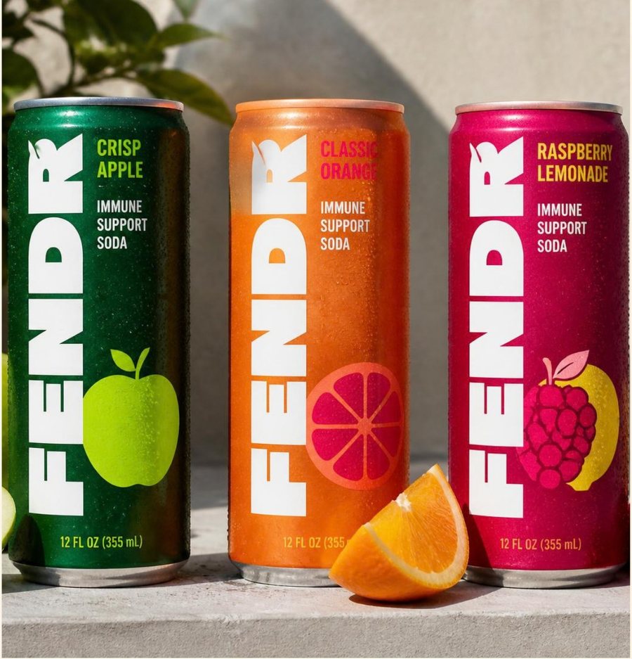 Three tall FENDR cans: Crisp Apple in green, Classic Orange in orange and Raspberry Lemonade in raspberry pink